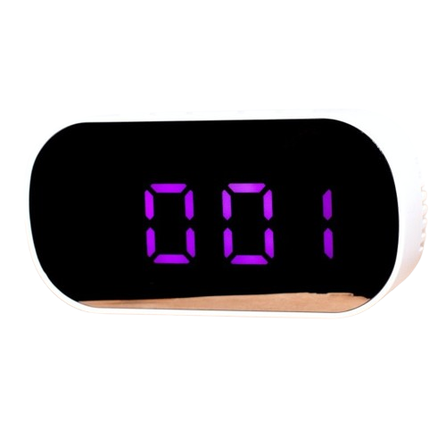 Ceas digital oglinda cu afisaj LED mov, alarma si termometru, 13 cm, alimentare USB sau baterii