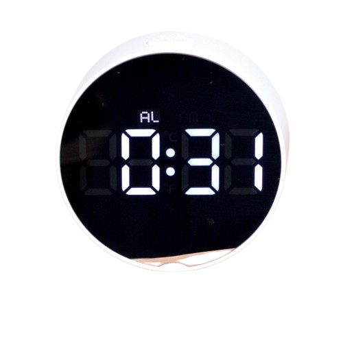 Ceas digital LED rotund cu alarma si termometru, afisaj alb pe fond negru, design minimalist, 95x36mm