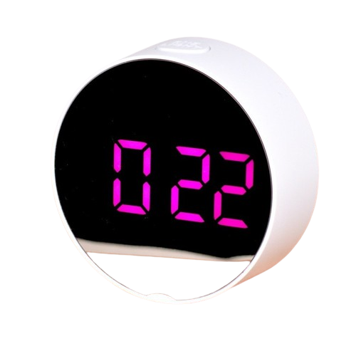 Ceas digital LED rotund cu display mov si suprafata oglinda, alarma programabila si termometru integrat