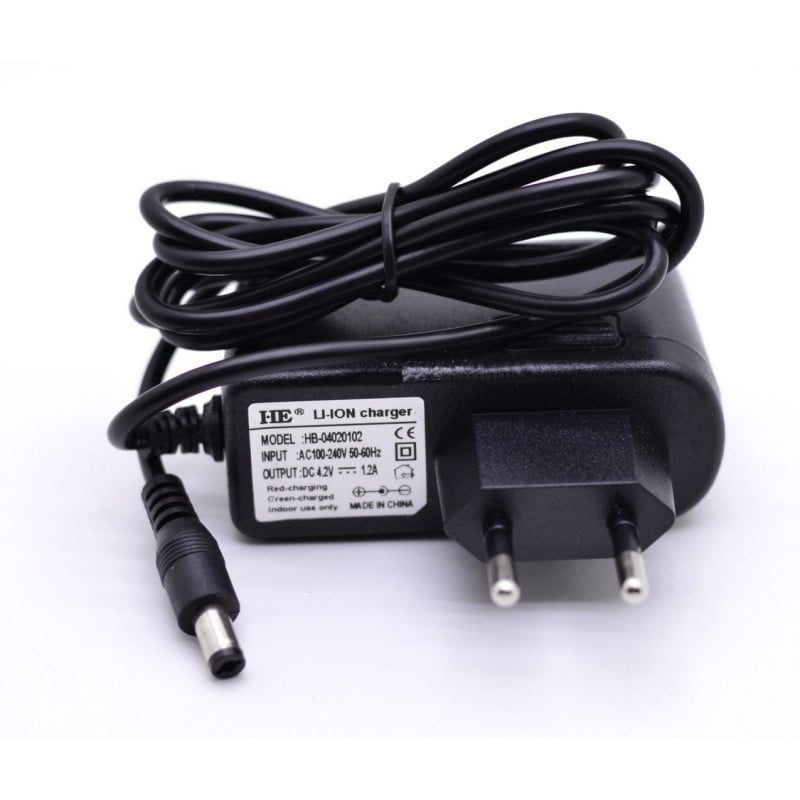 Incarcator Li-Ion 4.2V 1.2A cu mufa DC 5.5x2.1mm si stecker EU, compatibil 100-240V, pentru acumulatori litiu