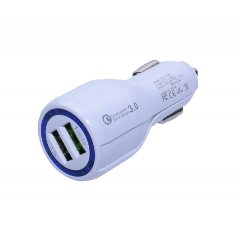 Incarcator auto 2 porturi USB QC 3.0 si 3.1A, inel LED albastru, vedere frontala