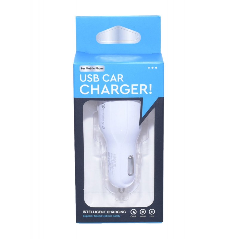 Incarcator auto USB in cutie de prezentare, vedere frontala cu produs vizibil