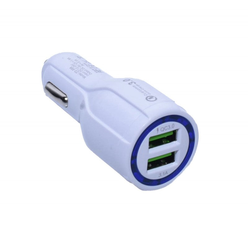 Incarcator auto dual USB QC 3.0, iesire 3.1A, 2 porturi cu inel LED albastru, alb