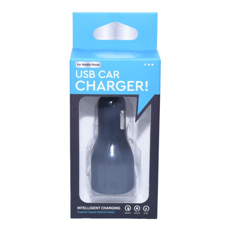 Incarcator auto dual USB in cutie de vanzare, vedere frontala cu fereastra transparenta