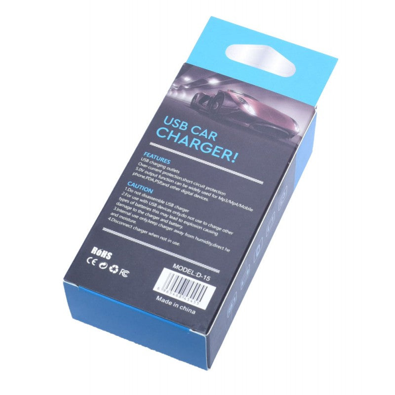 Ambalaj incarcator auto USB, verso cu specificatii tehnice si certificari CE RoHS
