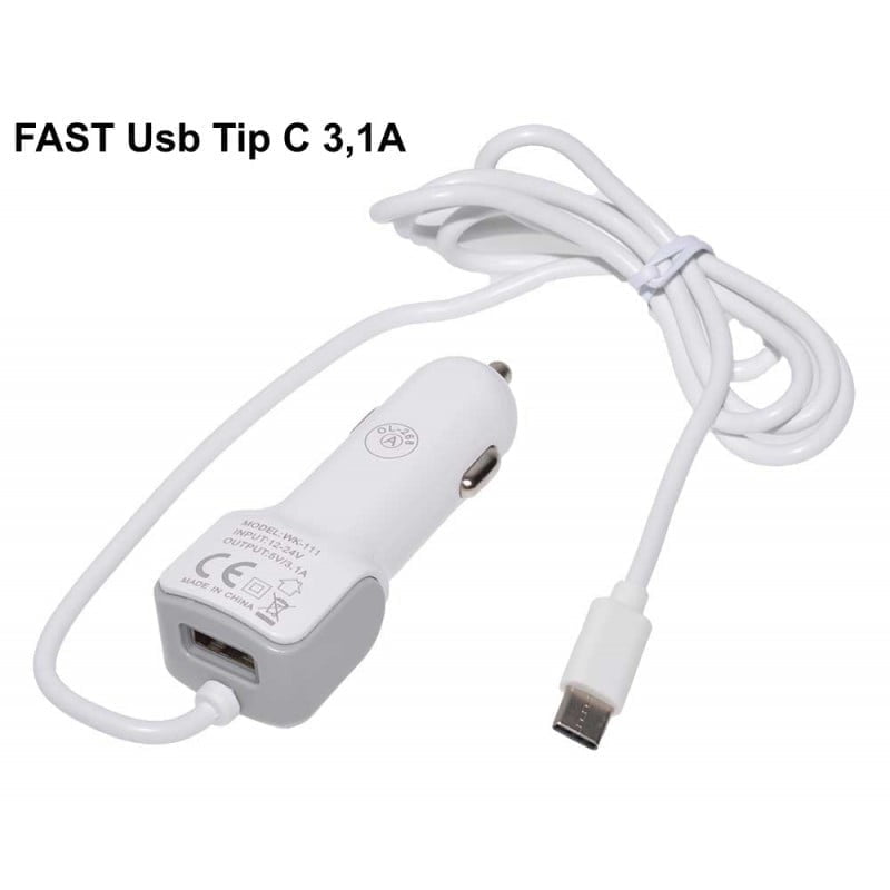 Incarcator auto rapid USB Type-C 3,1A cu cablu integrat 100cm si port USB suplimentar, input 12-24V
