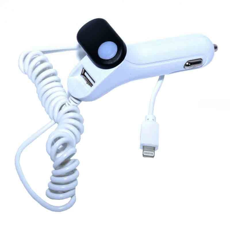 Incarcator auto bricheta cu cablu Lightning spiralat si port USB, curent 2.1A, compatibil 12V/24V