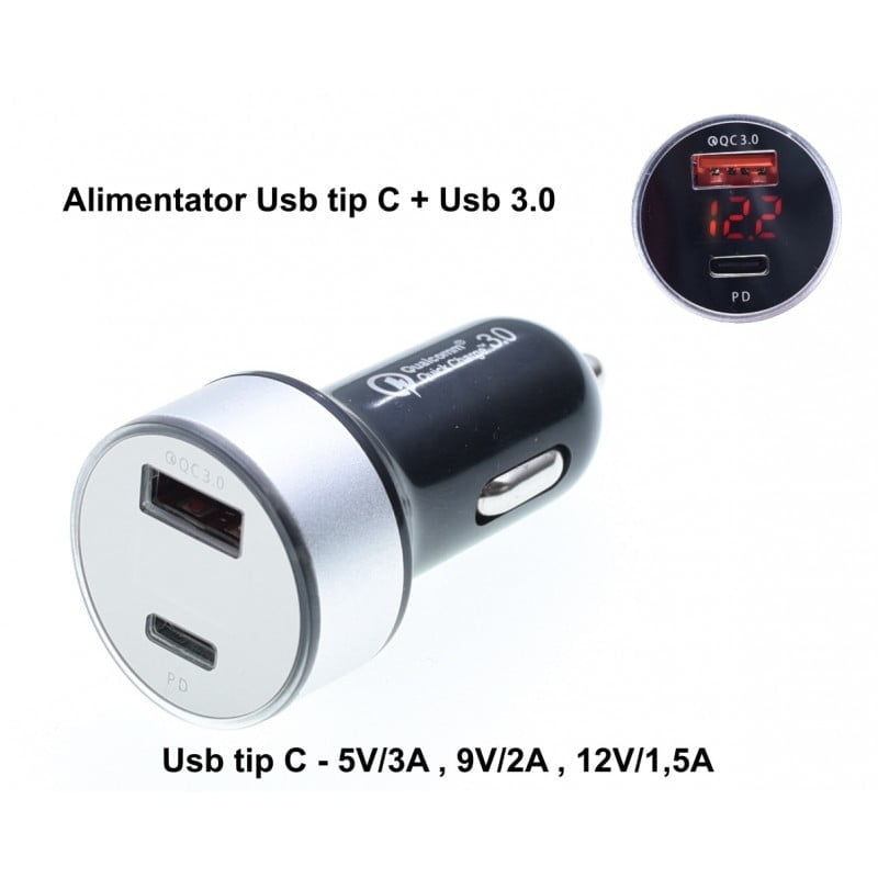 Incarcator auto dual USB 3.0 + USB Tip C, Quick Charge 3.0, Power Delivery 18W, display LED tensiune