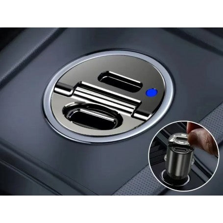 Incarcator auto 100W cu doua porturi USB-C si USB-A, montat in priza bricheta, indicator LED albastru