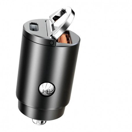 Incarcator auto slim 100W USB-C PD si USB-A, intrare 12/24V DC, design compact cilindric metalic gri