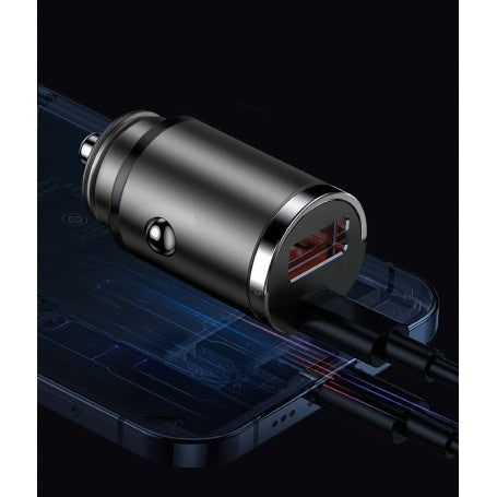 Incarcator auto 100W USB-C PD cu efect radiografie, conectat la smartphone prin cablu de date