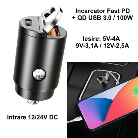 Incarcator auto Fast PD 100W, iesire 5V-4A si 12V-2.5A, conectat la smartphone prin cablu USB-C
