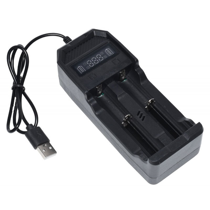 Incarcator dublu Li-Ion 3.7V cu display digital si cablu USB, compatibil 18650, incarcare simultana 2 acumulatori