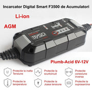 Incarcator smart acumulatori 3500mA, compatibil Li-ion AGM Plumb-Acid 6V-12V, cu 6 sisteme de protectie