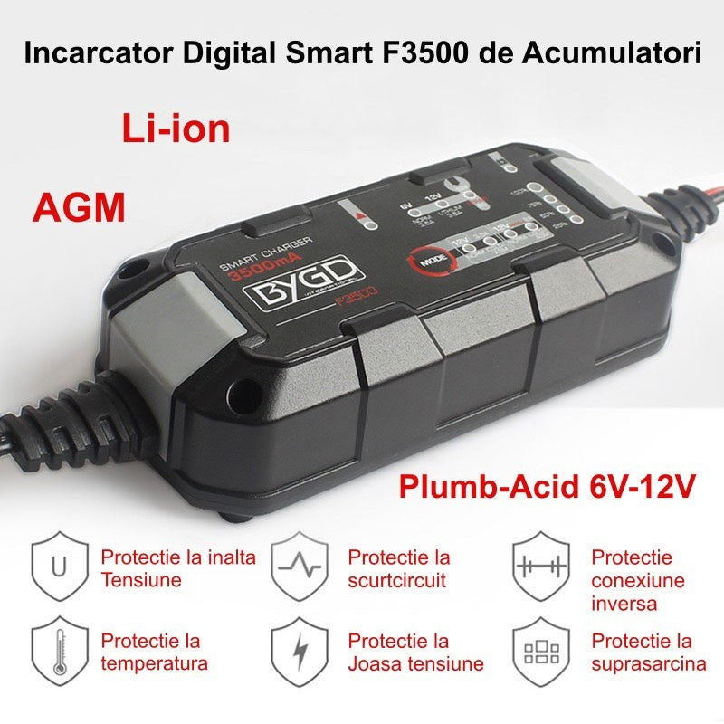 Incarcator smart acumulatori 3500mA, compatibil Li-ion AGM Plumb-Acid 6V-12V, cu 6 sisteme de protectie