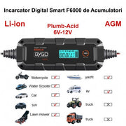 Incarcator smart acumulatori 6V-12V, 6000mA, compatibil Li-ion, AGM si Plumb-Acid, cu ecran LCD digital