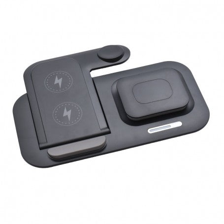 Incarcator wireless pliabil 5 in 1, vedere laterala cu pad orizontal si suport smartwatch integrat