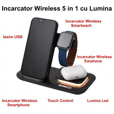 Incarcator wireless 5 in 1 cu lumina LED si touch control, compatibil Qi, pentru smartphone, smartwatch si casti