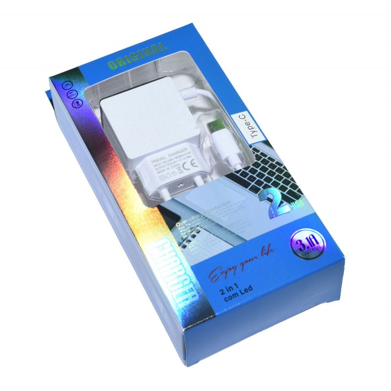 Cutie ambalaj incarcator retea 2 USB Type-C 3,1A, kit complet 2 in 1