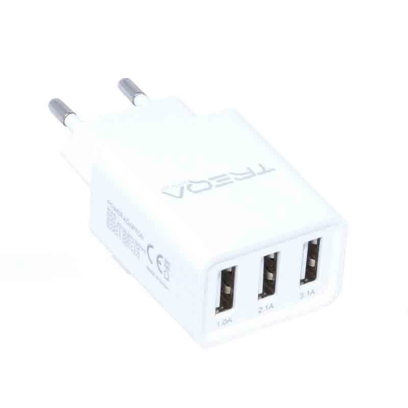 Incarcator retea cu 3 porturi USB, output 1A-3.1A, compatibil 100-240V, design compact alb