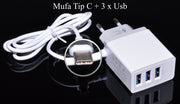 Incarcator retea rapid 5.1A cu 3 porturi USB si cablu USB Tip C inclus, alb, compatibil 100-240V