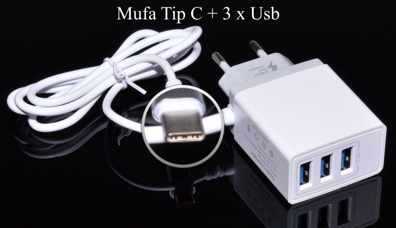 Incarcator retea rapid 5.1A cu 3 porturi USB si cablu USB Tip C inclus, alb, compatibil 100-240V