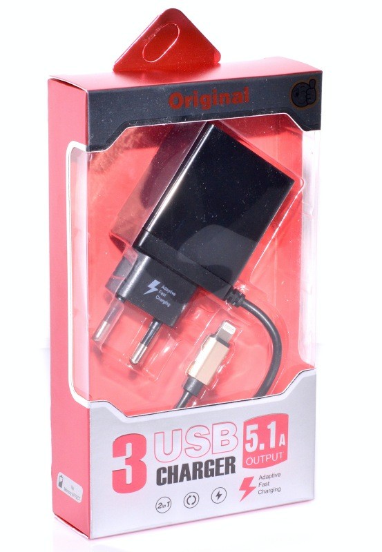 Incarcator retea 3 USB 5.1A cu Lightning, ambalaj lateral drept