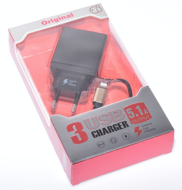 Incarcator retea cu cablu Lightning si 3 USB 5.1A, ambalaj vedere de sus