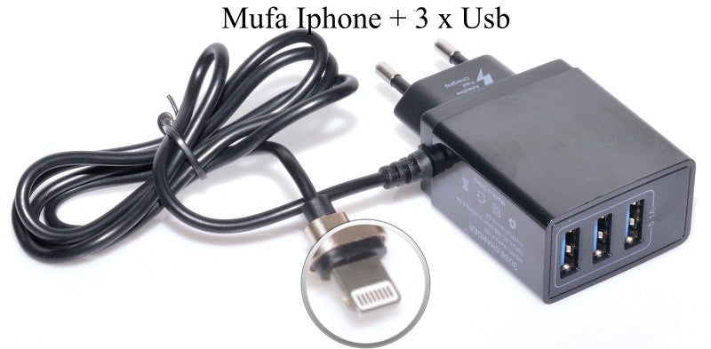 Incarcator retea rapid 5.1A cu cablu Lightning si 3 porturi USB, mufa EU, negru