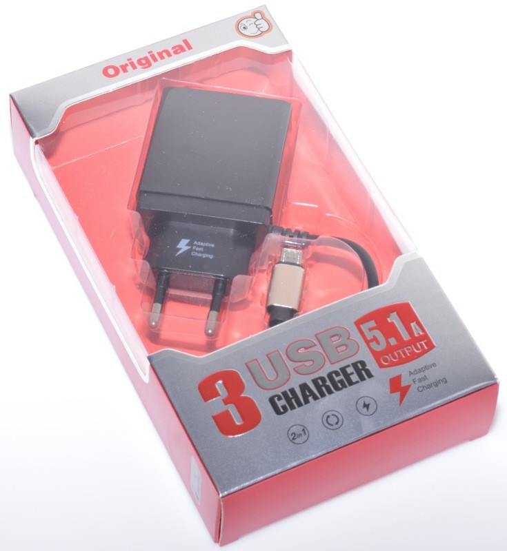 Incarcator 3 USB 5.1A cu cablu Micro USB, ambalaj transparent lateral