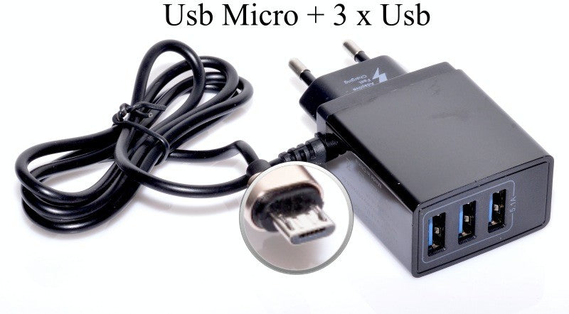 Incarcator retea Fast Charging 5.1A cu 3 porturi USB si cablu Micro USB inclus, negru