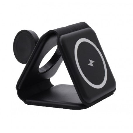 Incarcator wireless 3 in 1 magnetic vazut din unghi lateral, pad circular central vizibil, forma stabila de suport
