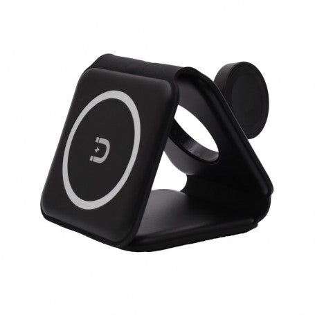 Incarcator wireless 3 in 1 magnetic pliat in pozitie verticala, suport smartwatch integrat, design compact negru