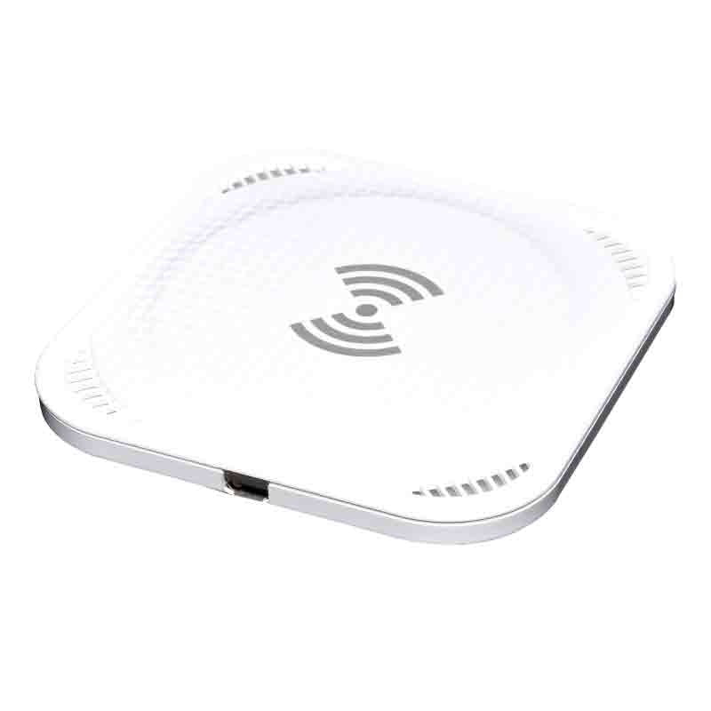 Incarcator wireless Qi 10W, design compact patrat, alb, cu simbol de incarcare fara fir si port Micro USB