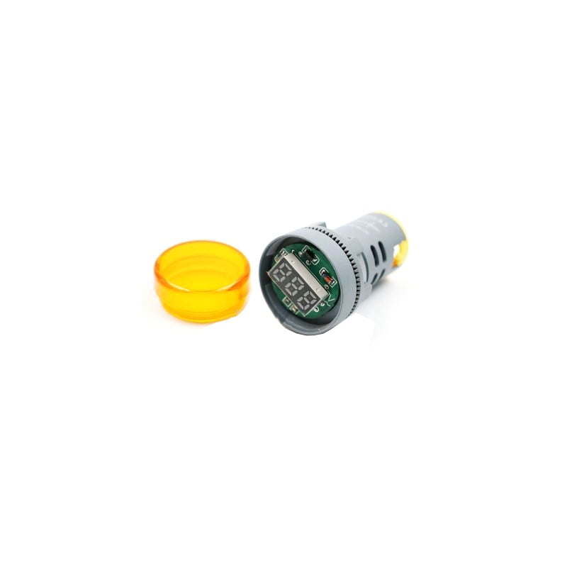 Voltmetru digital LED cu capac demontabil portocaliu, afisaj numeric si circuit interior vizibil