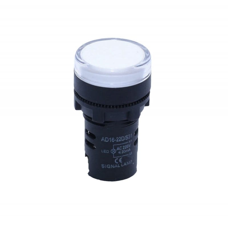 Indicator martor LED alb, vedere frontala cu eticheta AC 220V si marcaj CE vizibile