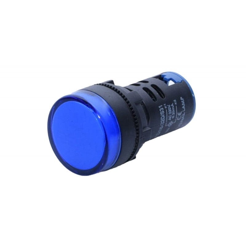 Indicator martor LED albastru, vedere laterala, corp compact 29x51mm