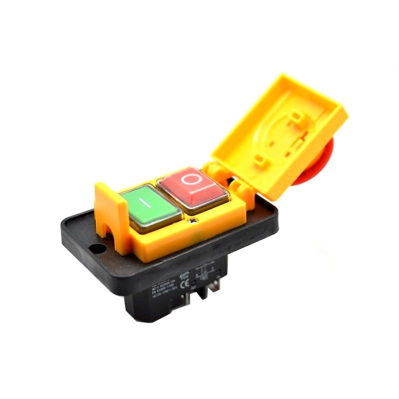 Intrerupator industrial cu butoane start-stop, capac rabatabil deschis, conexiuni vizibile spate
