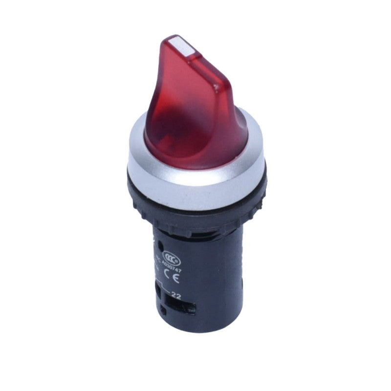 Intrerupator selector 22mm rosu, vedere de sus cu maneta iluminata si inel metalic de fixare