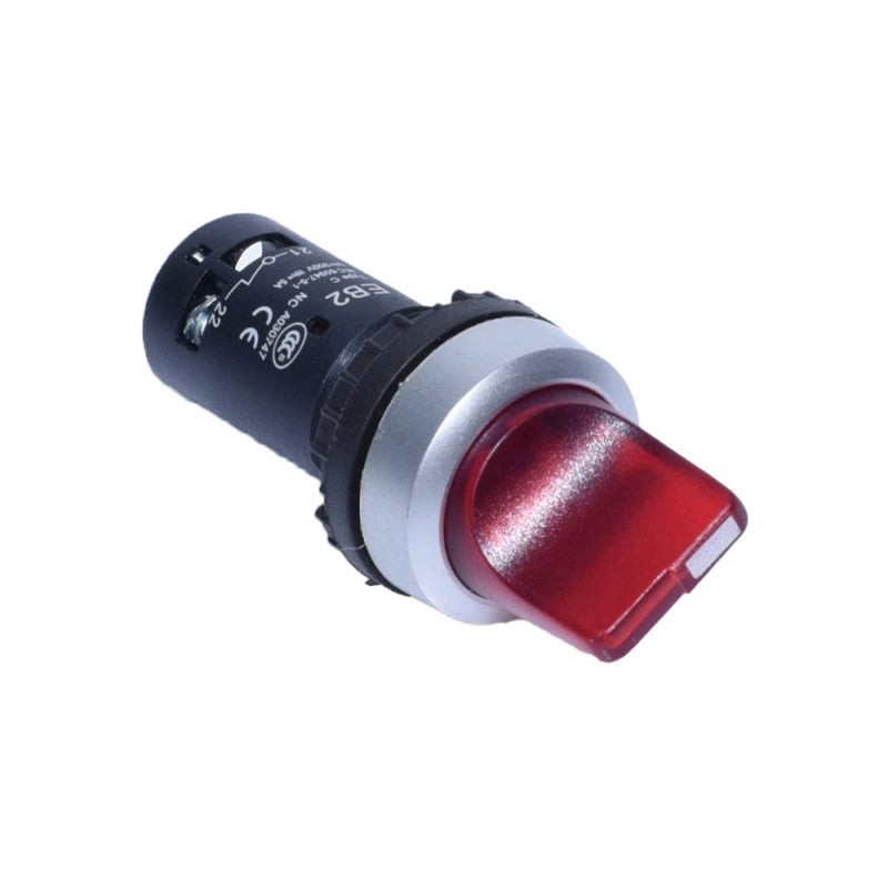Intrerupator selector rosu 22mm, vedere laterala cu contacte NO/NC vizibile si corp ABS negru
