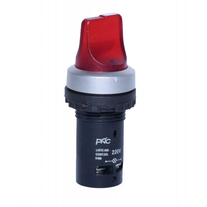 Intrerupator cu maneta selector 22mm rosu, 220V, LED semnalizare tensiune integrat, montaj panou industrial