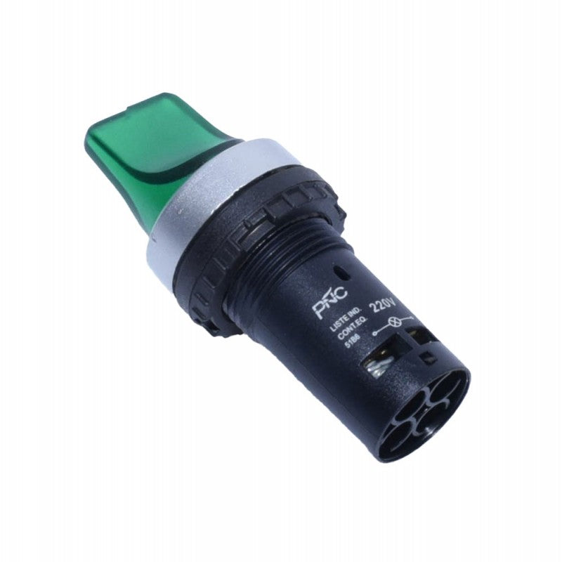 Intrerupator selector rotativ 22mm verde, vedere laterala cu corp negru si conexiuni vizibile