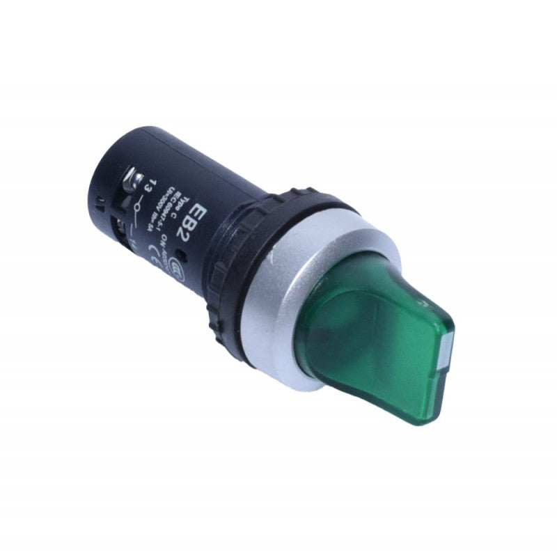 Intrerupator cu maneta verde 22mm, vedere din spate cu eticheta tehnica IEC si borne de conectare