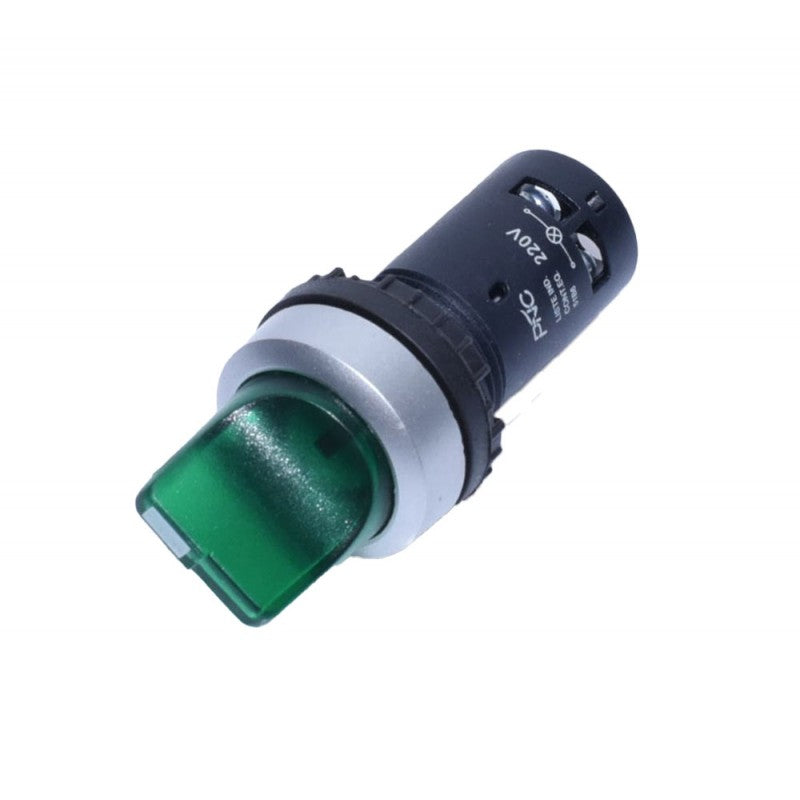Selector rotativ cu maneta verde iluminata 220V, pozitie orizontala cu LED aprins