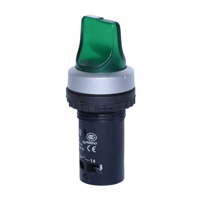 Intrerupator cu maneta 22mm verde, 220V, LED semnalizare integrat, montaj panou, 2 pozitii