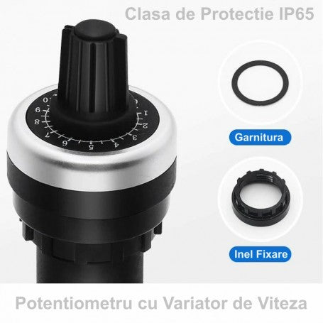 Potentiometru rotativ IP65 cu garnitura etansa si inel de fixare incluse