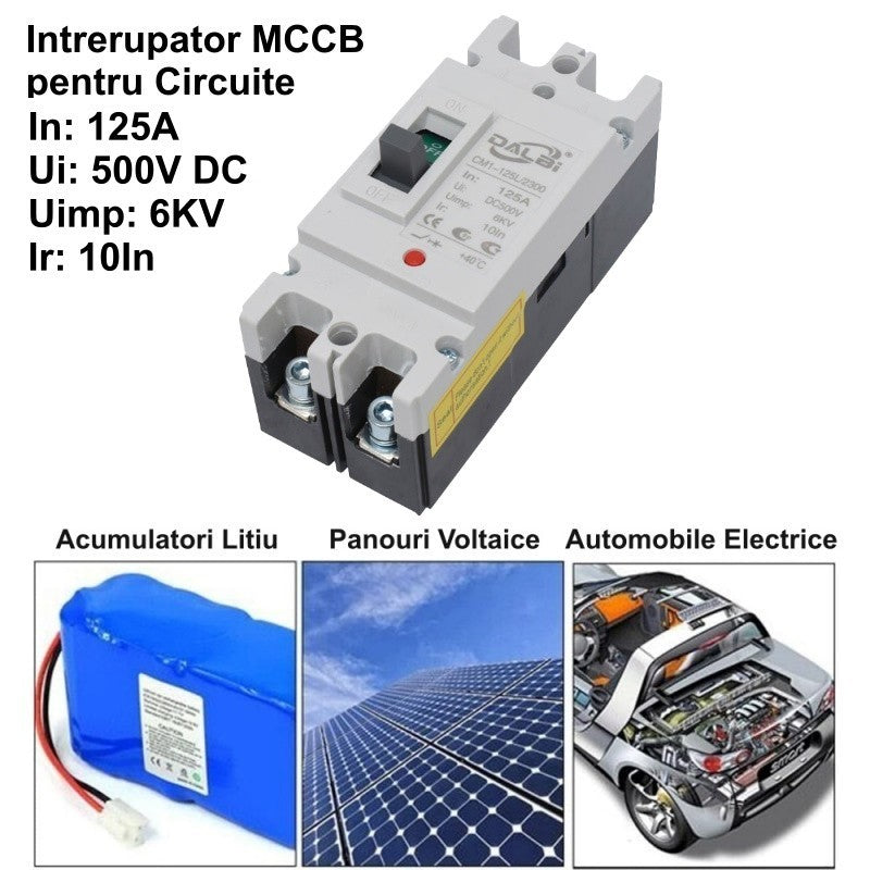 Intrerupator MCCB 2P 125A DC 500V compatibil cu panouri solare, acumulatori litiu si vehicule electrice