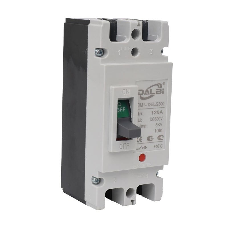Intrerupator MCCB bipolar 125A vedere laterala cu levier ON/OFF si borne LINE vizibile