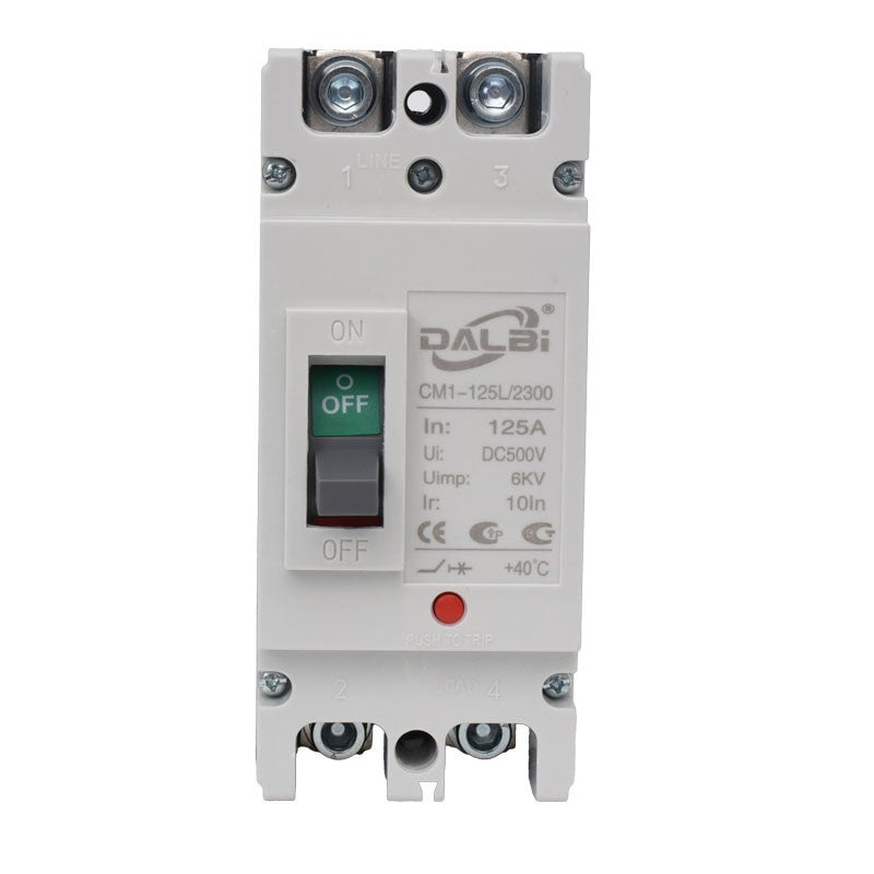 Intrerupator MCCB bipolar 125A 6kV vedere frontala cu buton ON/OFF si borne de conectare
