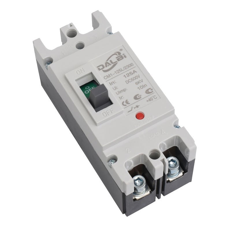 Intrerupator MCCB 125A 500V DC vedere din unghi cu borne LOAD inferioare si indicator de stare